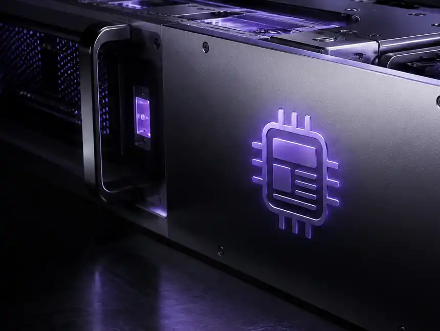Concept render of the AutonoPress engine: a dark server blade carrying the glowing chip-and-newspaper mark